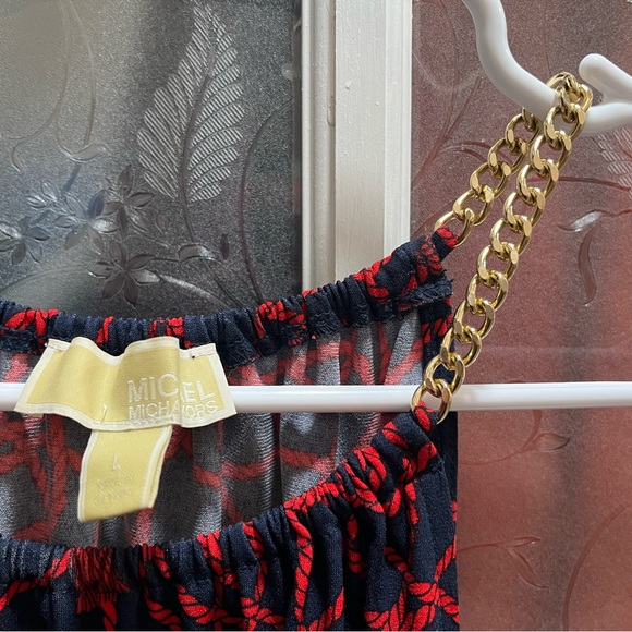 Michael Kors Red and Navy Top with Gold Chain Strap.  
Halter fit, loose body. - Picture 1 of 4